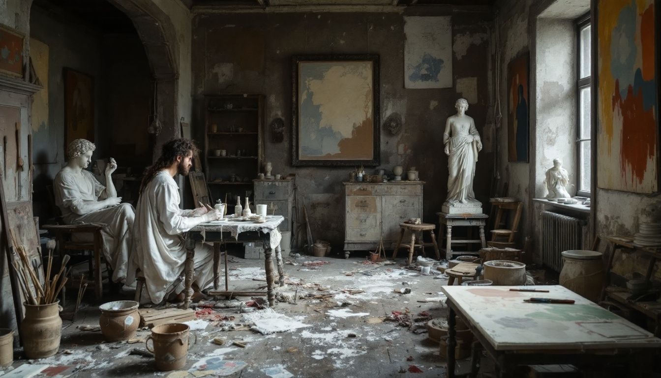 A cluttered Renaissance workshop with unfinished sculptures and scattered art supplies.