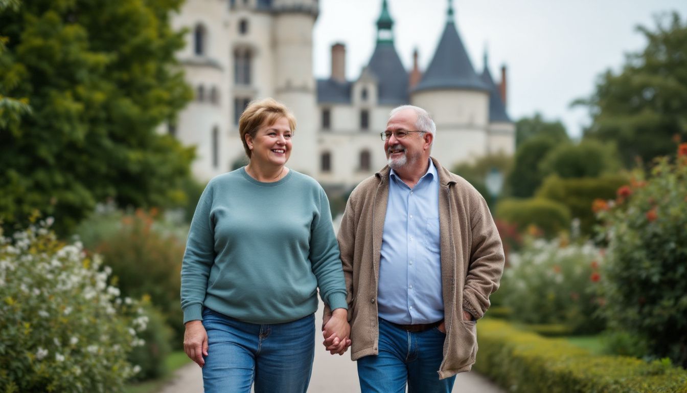A middle-aged couple walks hand in hand through the gardens of Château d’Amboise.