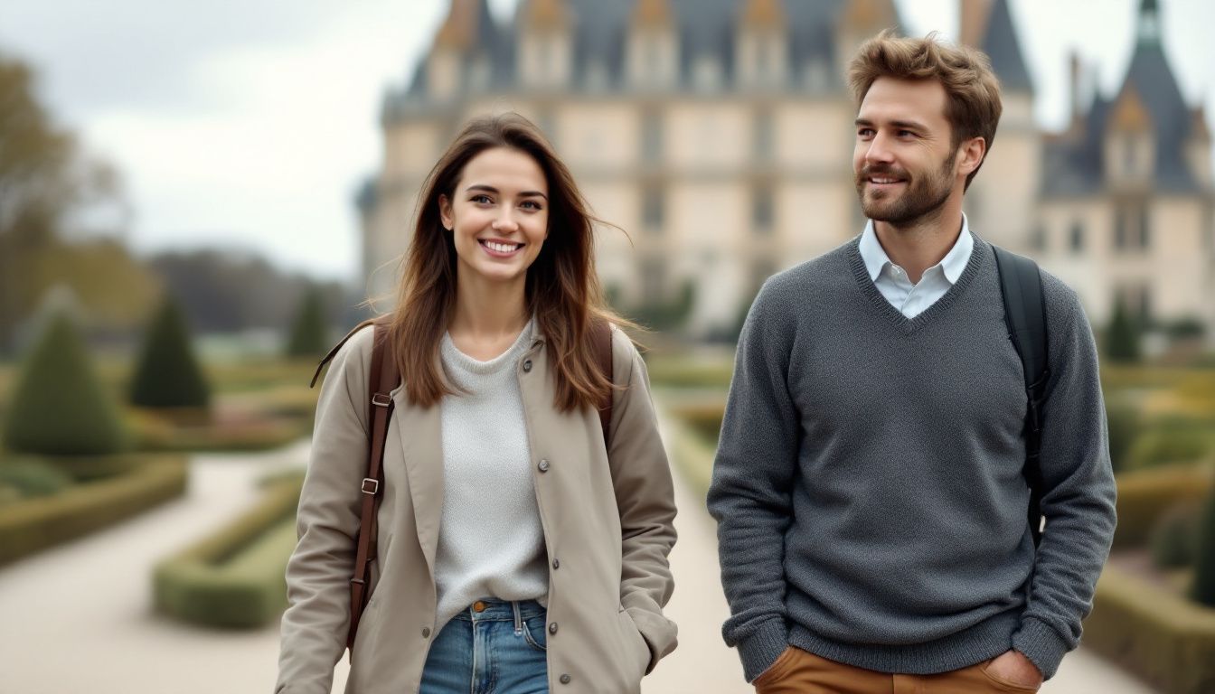 A couple exploring the gardens of Château de Chambord in France.