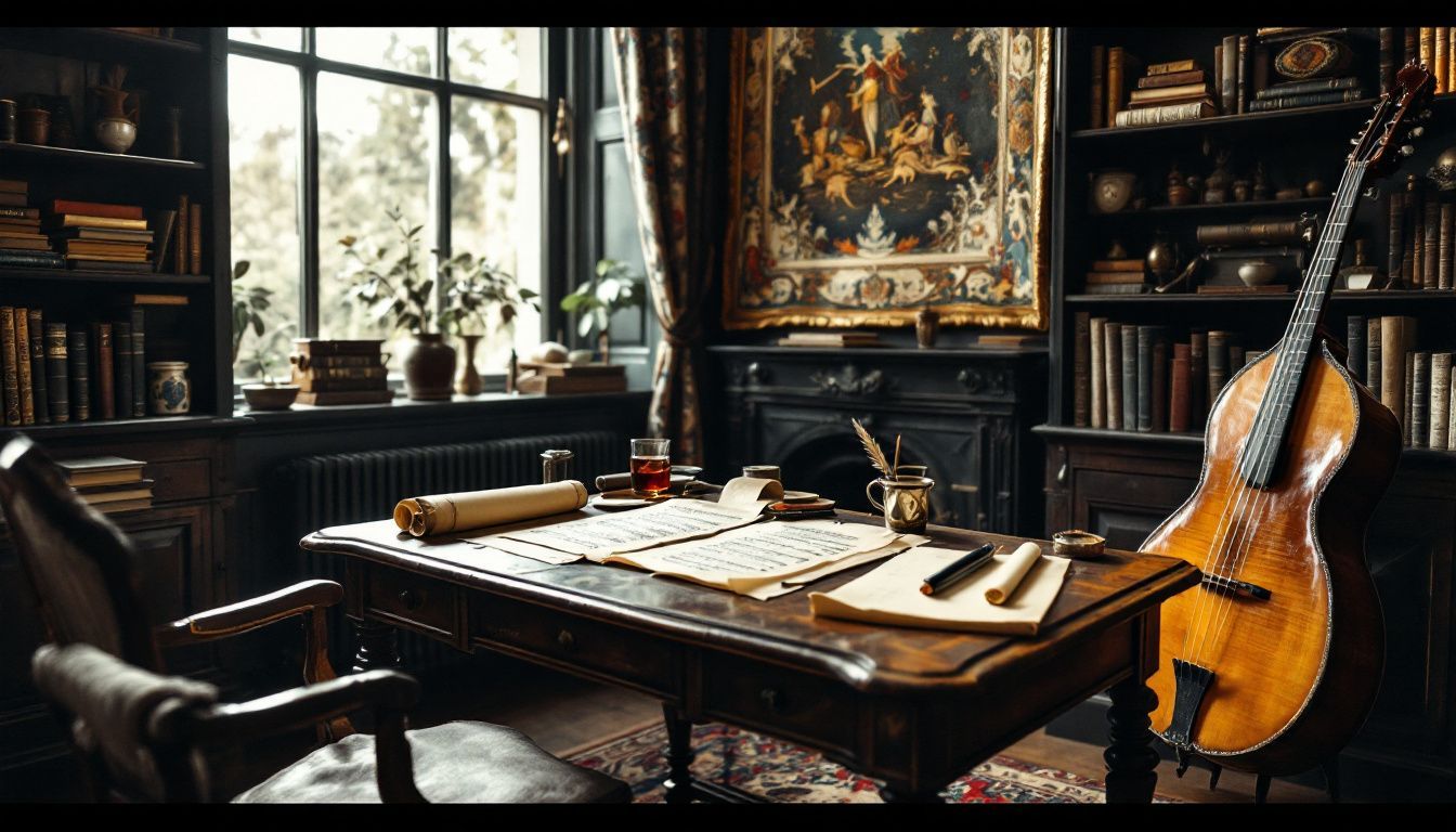 A vintage French writing desk in a cozy study room with antique decor.