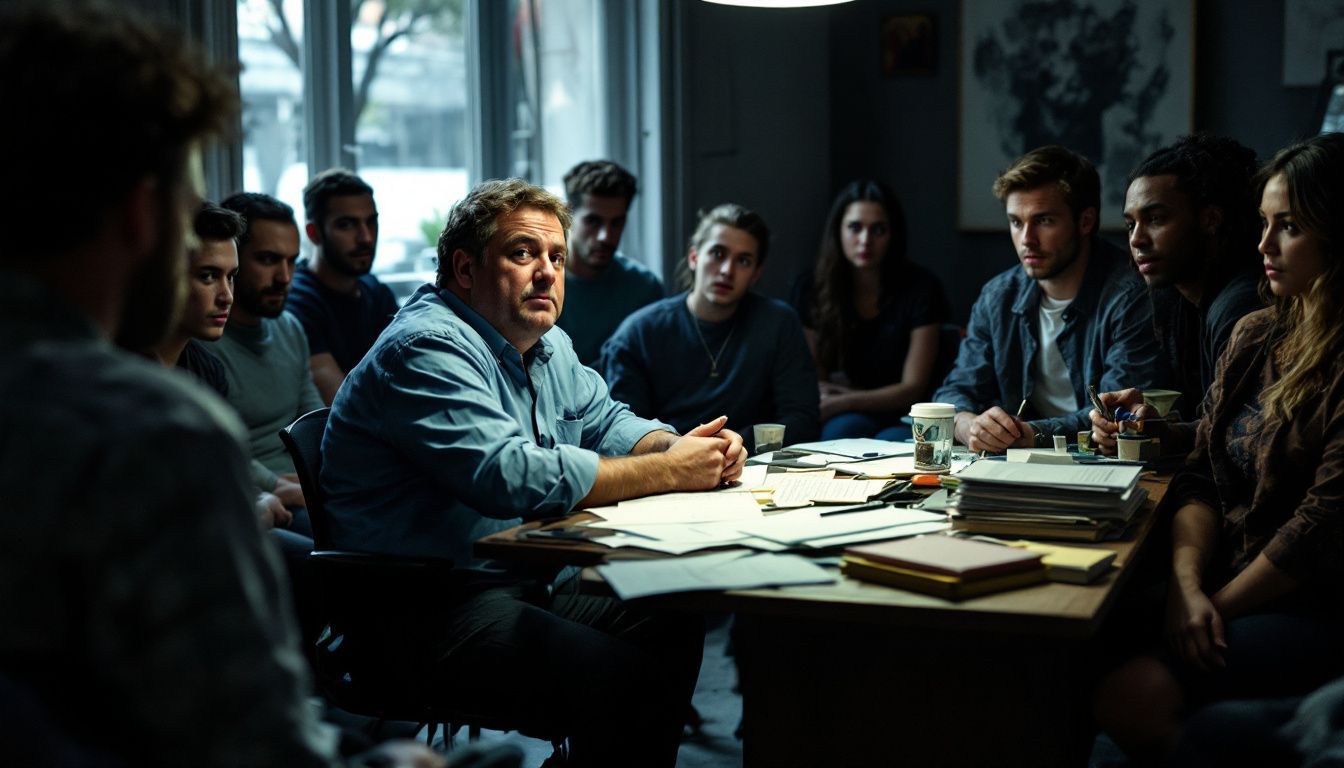 A casting director conducting auditions in a cluttered, dimly lit room. A casting director conducting auditions in a cluttered, dimly lit room.