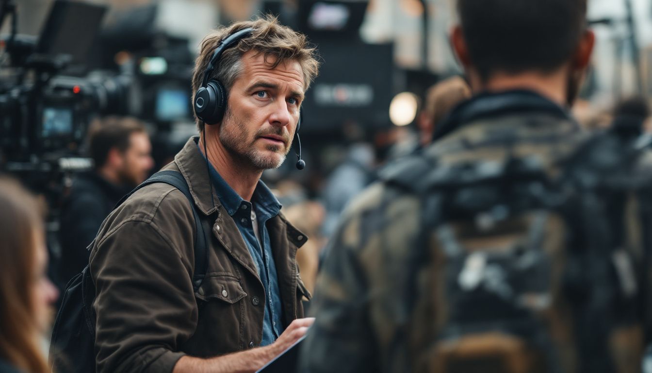 A focused male director giving directions on a film set. A focused male director giving directions on a film set.