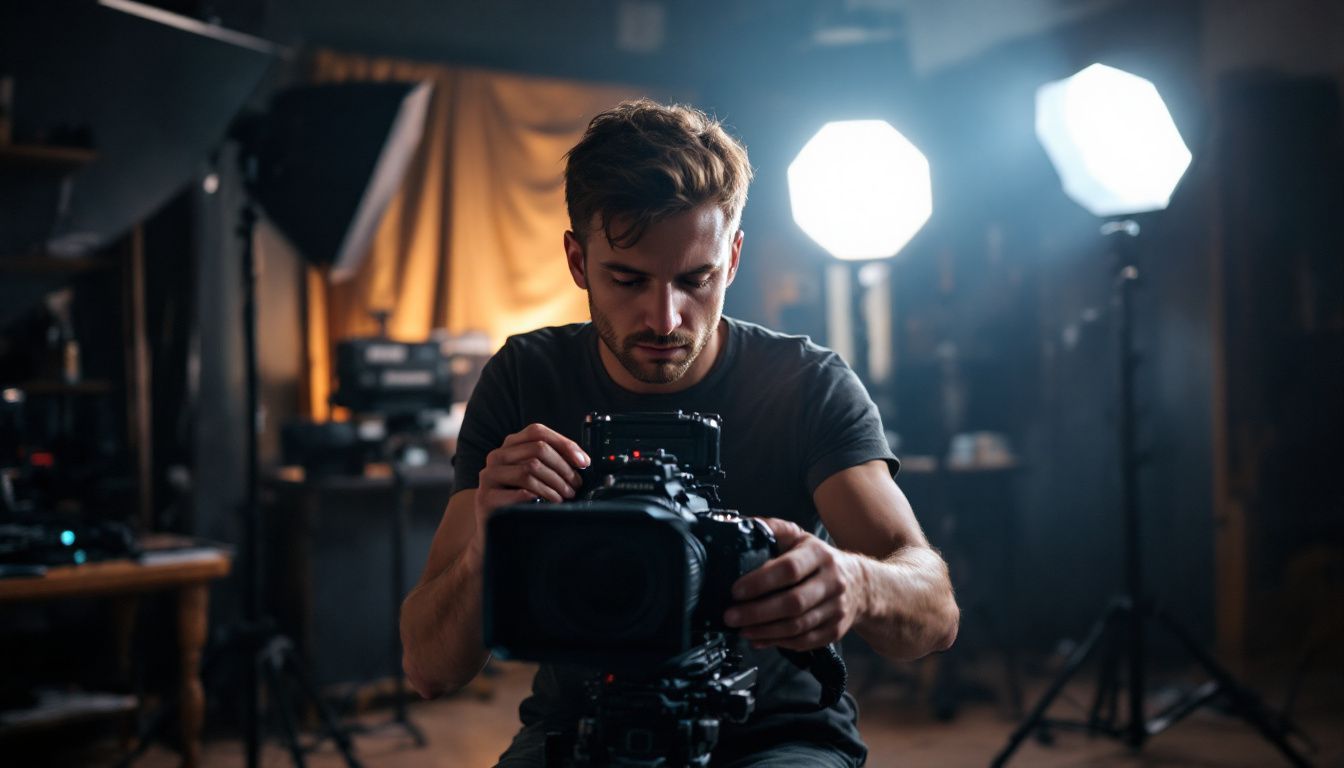 A cinematographer adjusting camera settings in a film studio. A cinematographer adjusting camera settings in a film studio.