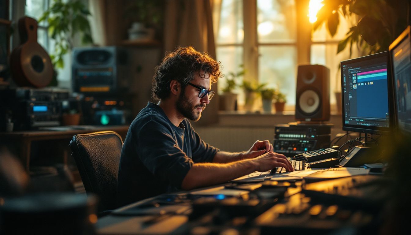 An editor works on film reels and sound equipment in a room. An editor works on film reels and sound equipment in a room.