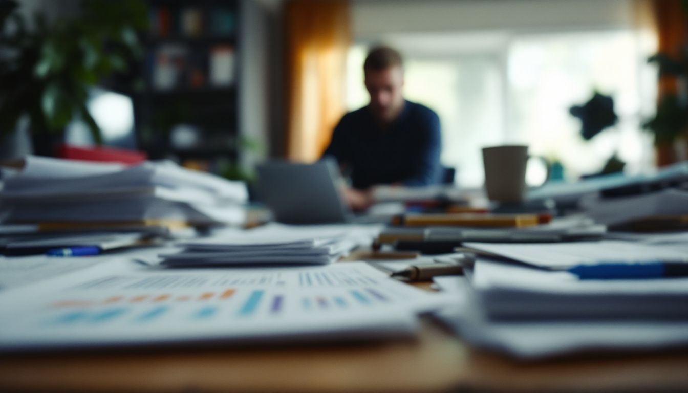 A cluttered desk with production schedules, budget spreadsheets, and film scripts. A cluttered desk with production schedules, budget spreadsheets, and film scripts.