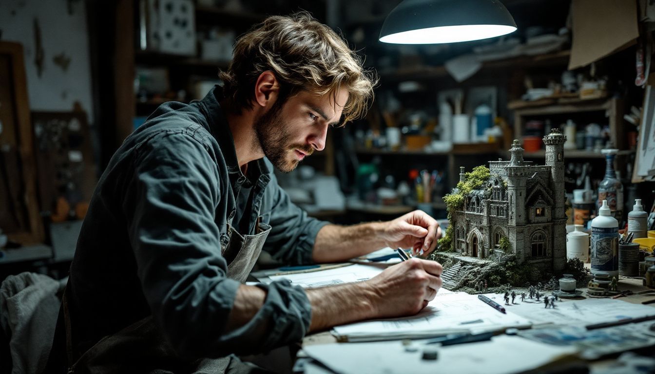 A production designer is creating a detailed miniature set for a film. A production designer is creating a detailed miniature set for a film.