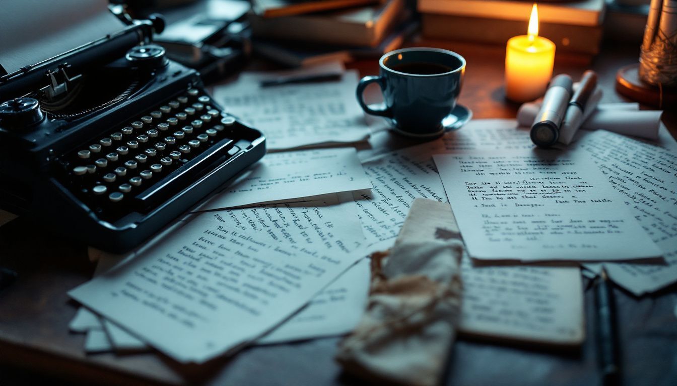 A cluttered screenwriter's desk with a vintage typewriter and handwritten notes. A cluttered screenwriter's desk with a vintage typewriter and handwritten notes.