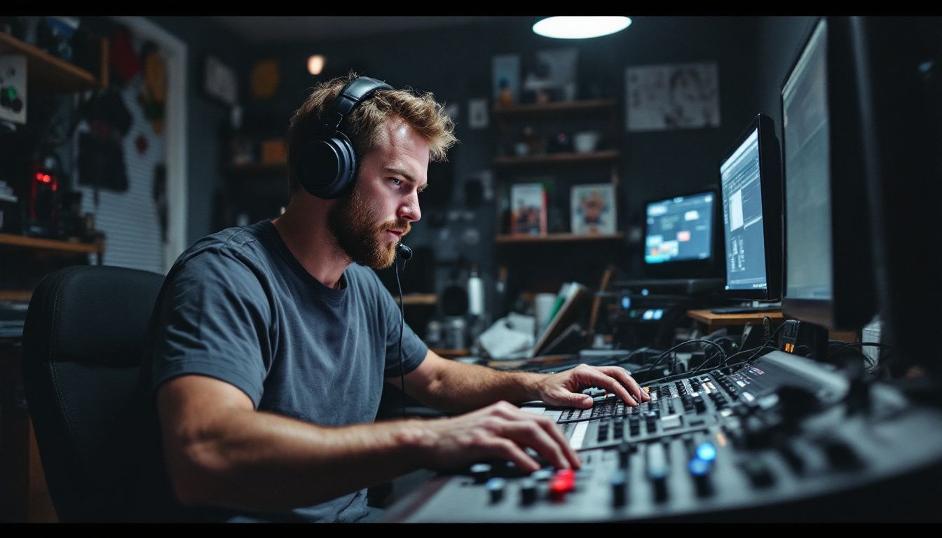 A sound designer working in a cluttered home office adjusts audio levels on a mixing board. A sound designer working in a cluttered home office adjusts audio levels on a mixing board.