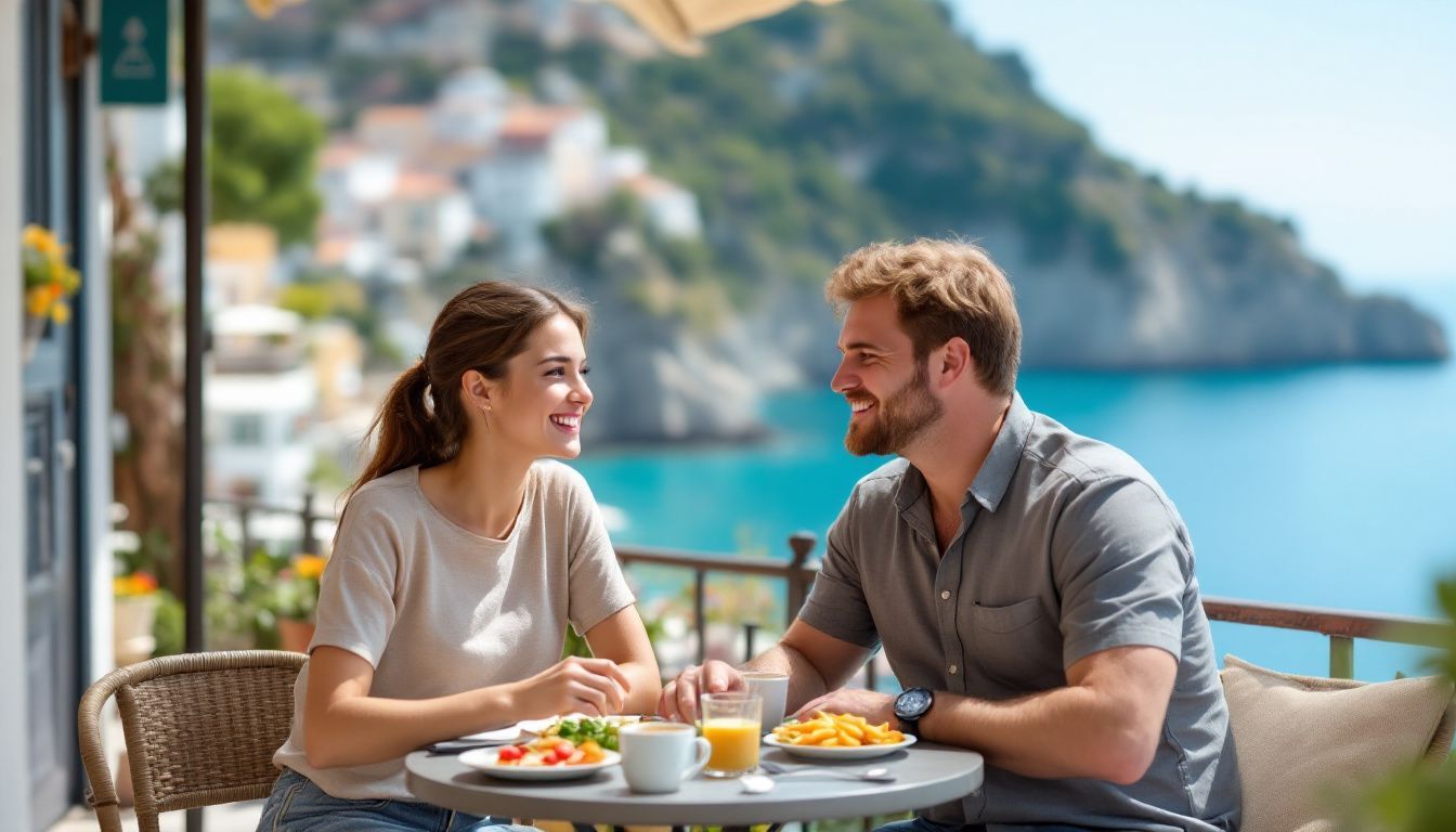 A couple enjoying a meal together at a casual outdoor restaurant. A couple enjoying a meal together at a casual outdoor restaurant.