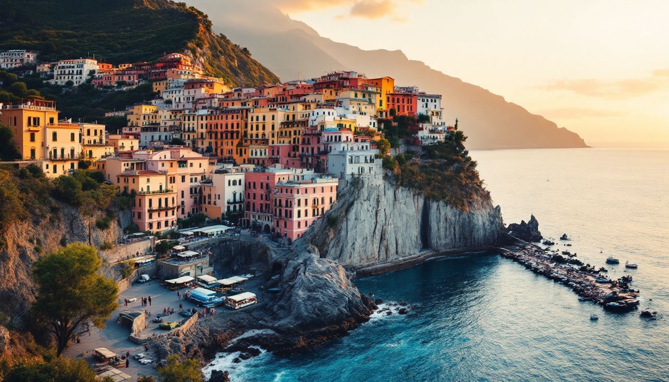 A scenic photo of the Amalfi Coast at sunset with colorful houses. A scenic photo of the Amalfi Coast at sunset with colorful houses.
