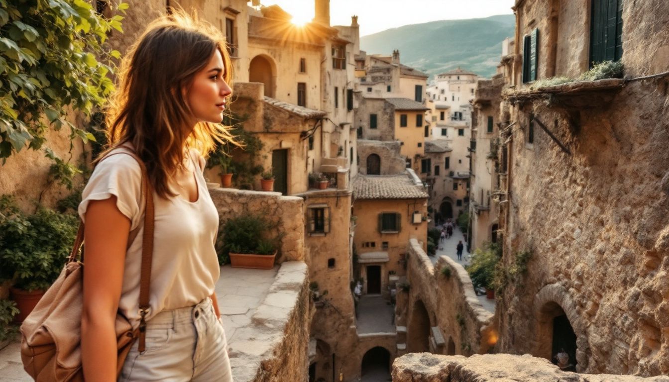 A woman exploring ancient cave dwellings in Matera, Italy at sunset. A woman exploring ancient cave dwellings in Matera, Italy at sunset.