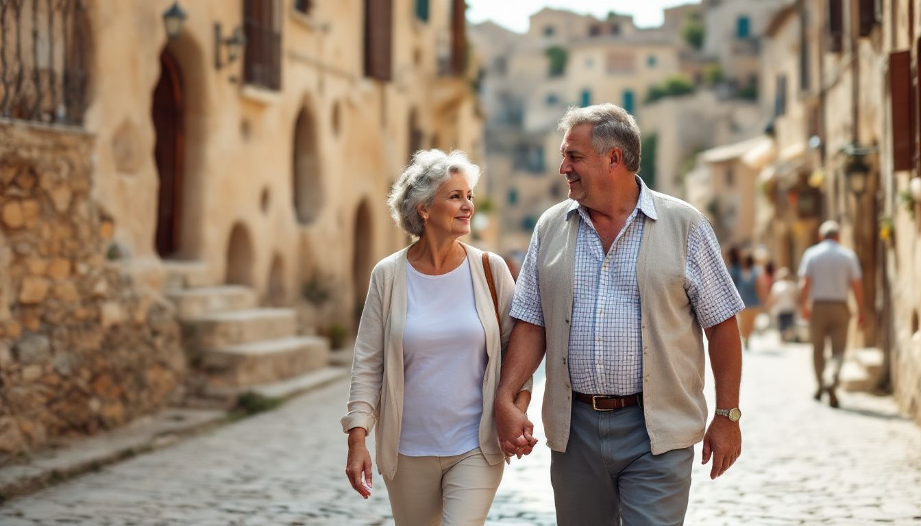 Elderly couple enjoying a sunny stroll in historic Matera, Italy. Elderly couple enjoying a sunny stroll in historic Matera, Italy.