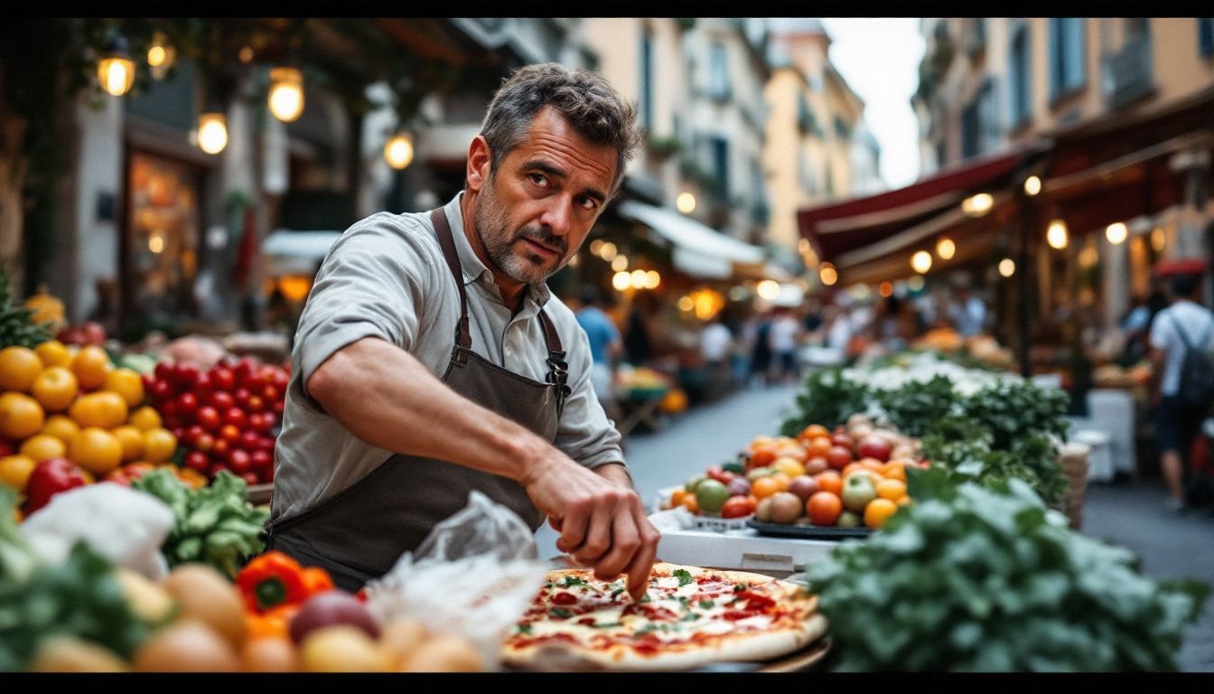 A street vendor preparing traditional Neapolitan pizza in a lively market. A street vendor preparing traditional Neapolitan pizza in a lively market.