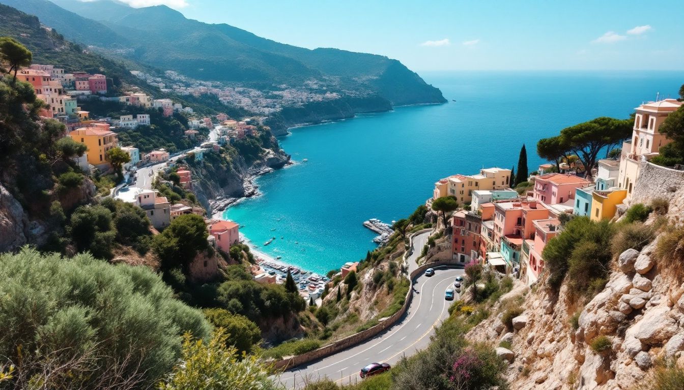 A scenic coastal road in Southern Italy with colorful houses and turquoise waters. A scenic coastal road in Southern Italy with colorful houses and turquoise waters.