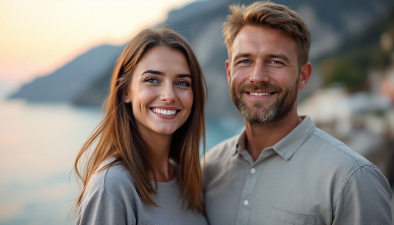 A couple enjoying a sunset at the Amalfi Coast. A couple enjoying a sunset at the Amalfi Coast.