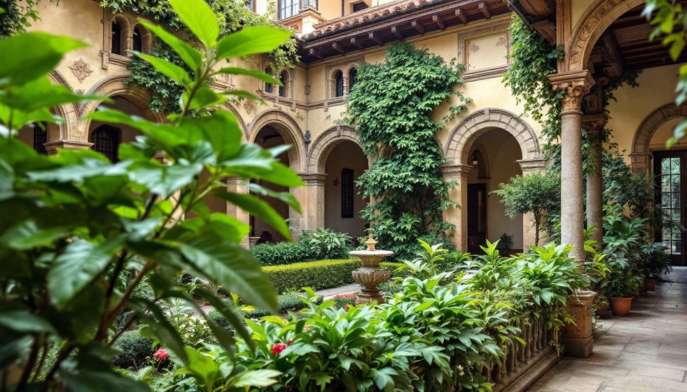 A peaceful Renaissance courtyard surrounded by lush greenery and ornate architecture.