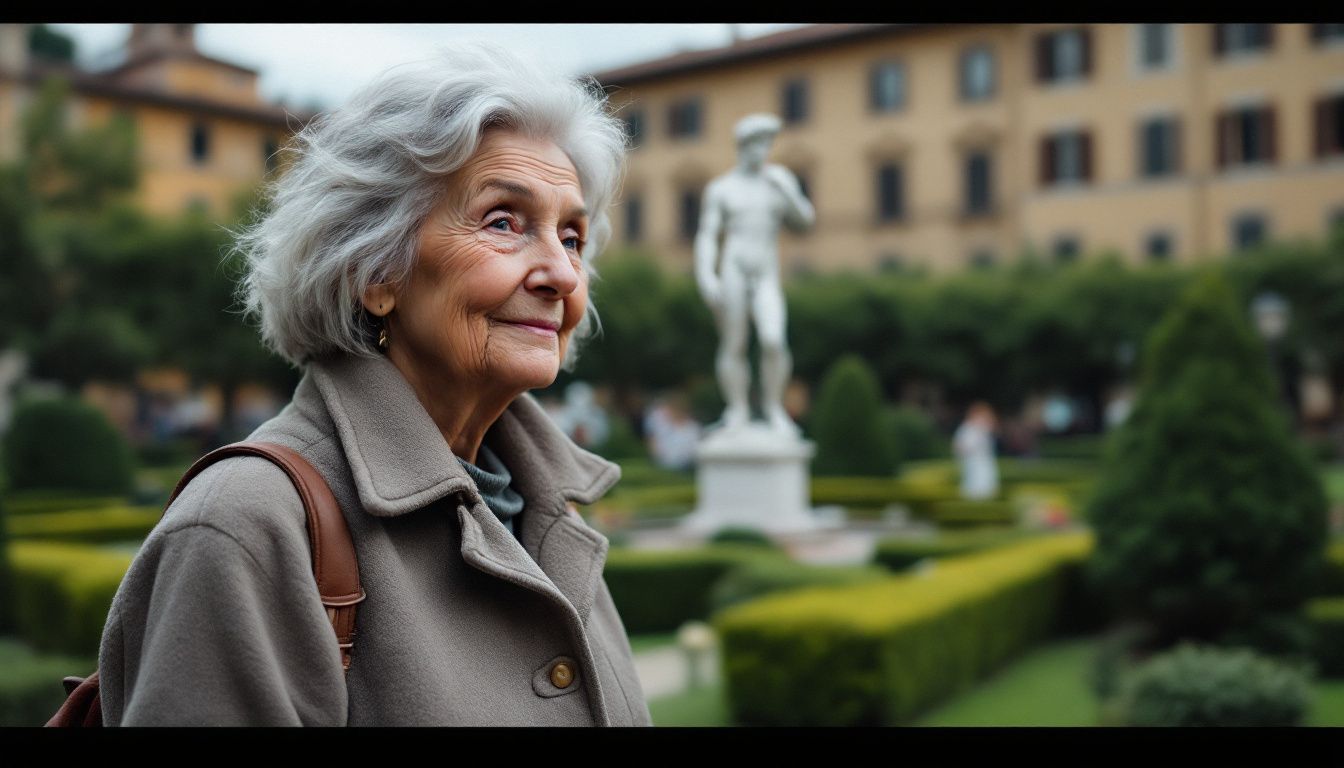 An elderly woman at Medici Gardens in Florence, Italy, admiring Michelangelo's David.