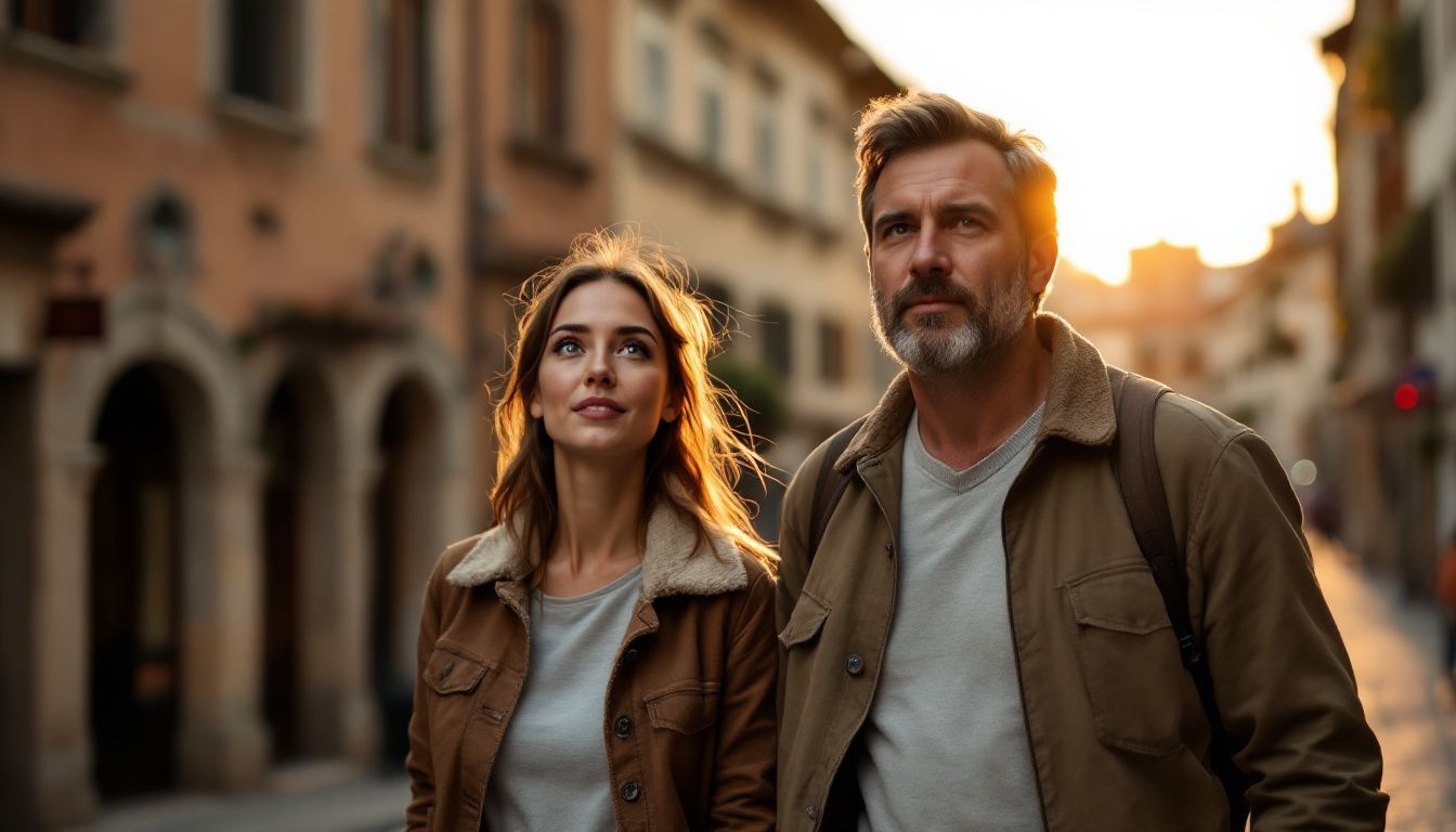 A couple explores Florence's Renaissance architecture at sunset.