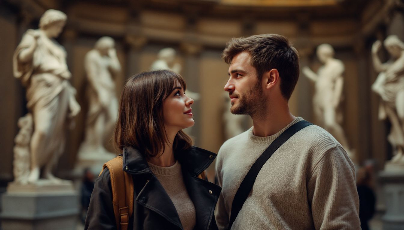 A couple in their 30s exploring Renaissance art at The Louvre.