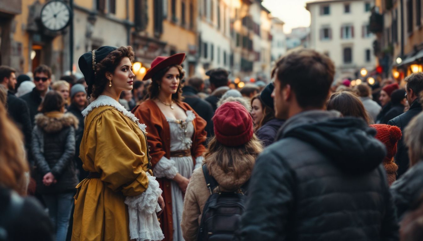 People at a historical reenactment in Renaissance costumes observe the event.