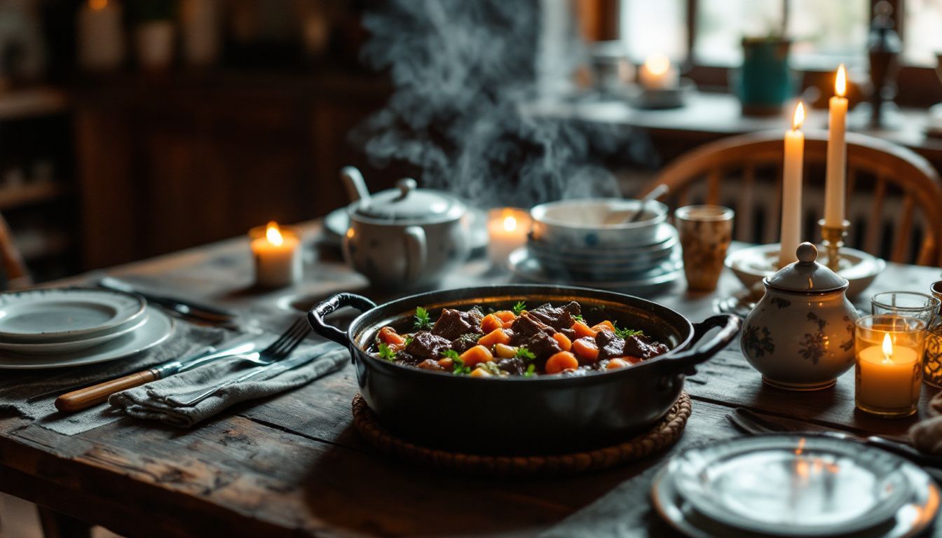 A rustic dining table set with a pot of braised beef and vintage dinnerware.