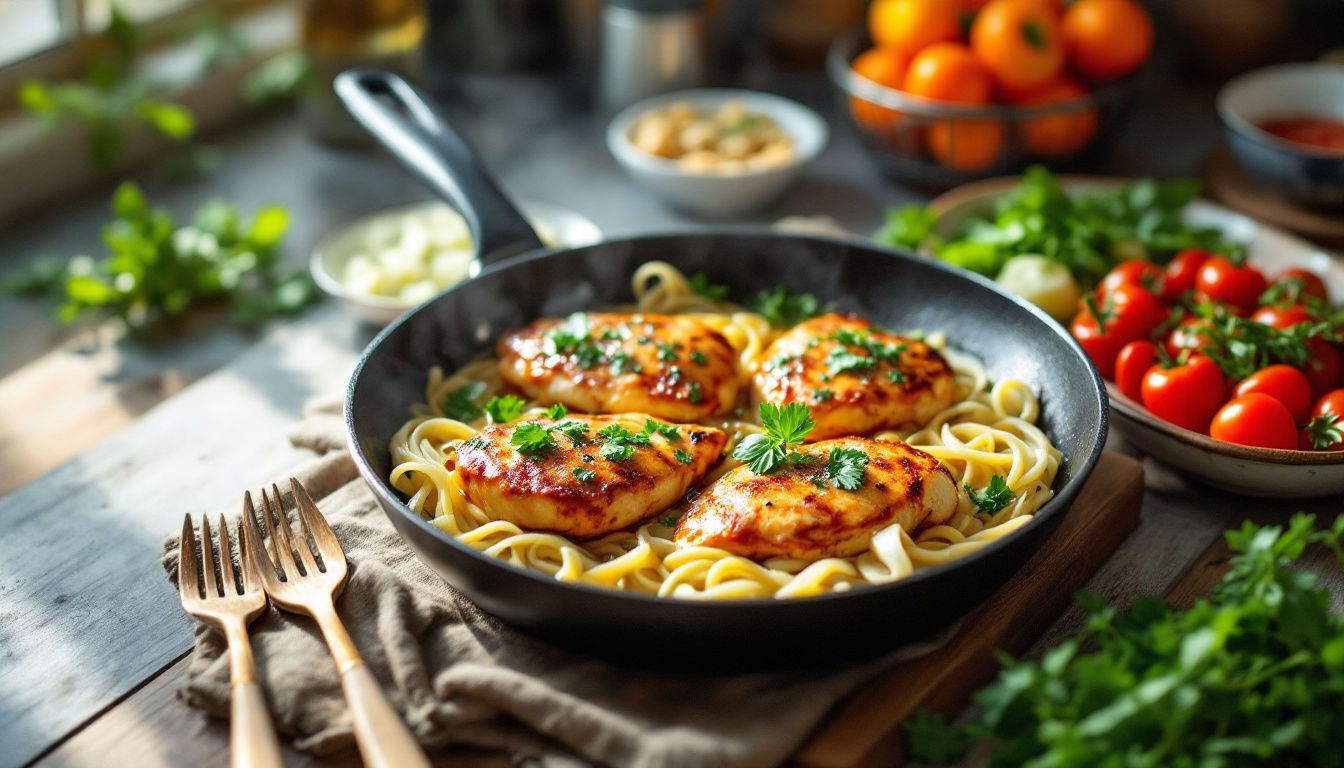 A sizzling pan of Chicken Saltimbocca and fresh vegetables on a rustic kitchen countertop.