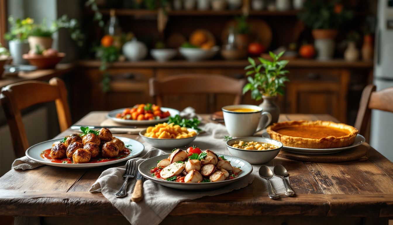 A rustic Italian kitchen table set with classic dishes.
