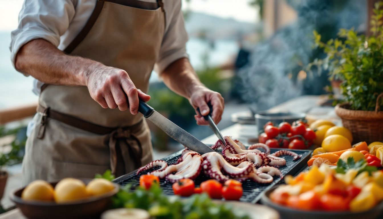 A chef grilling octopus on a seaside patio surrounded by fresh ingredients.