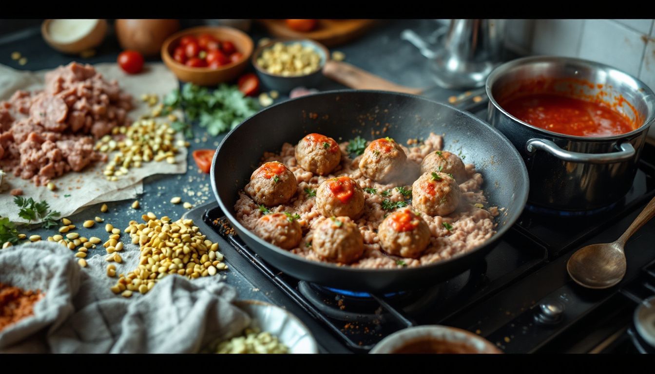 Rustic kitchen scene with sizzling veal meatballs, ingredients, and simmering tomato sauce.