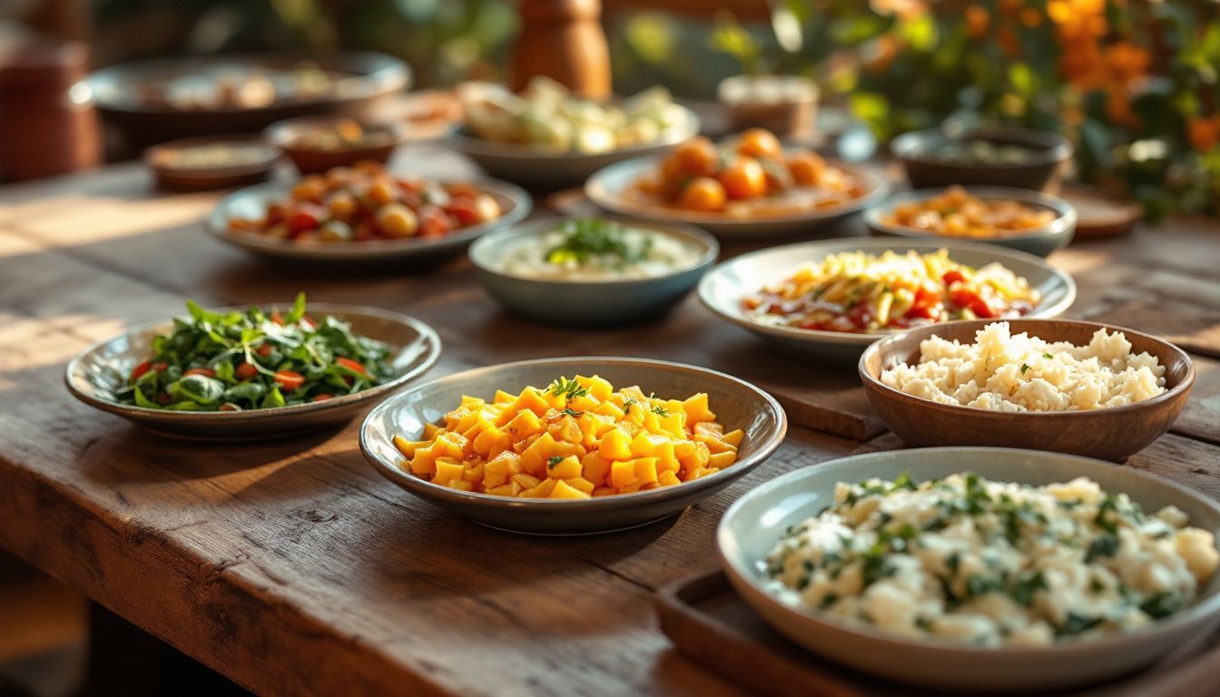 A rustic wooden table filled with colorful Italian dishes.