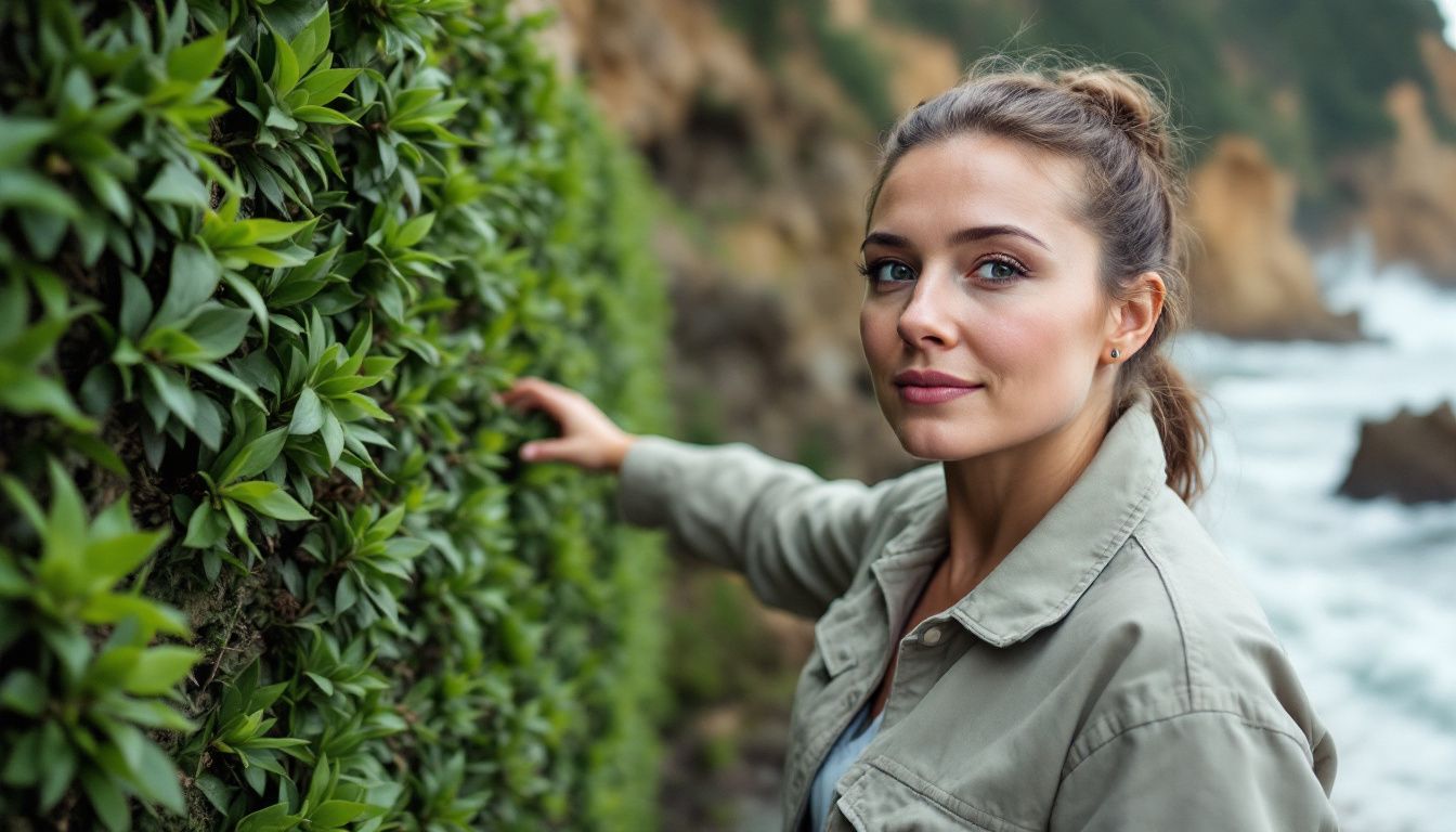 A woman examines a green wall protecting a beach from erosion. A woman examines a green wall protecting a beach from erosion.