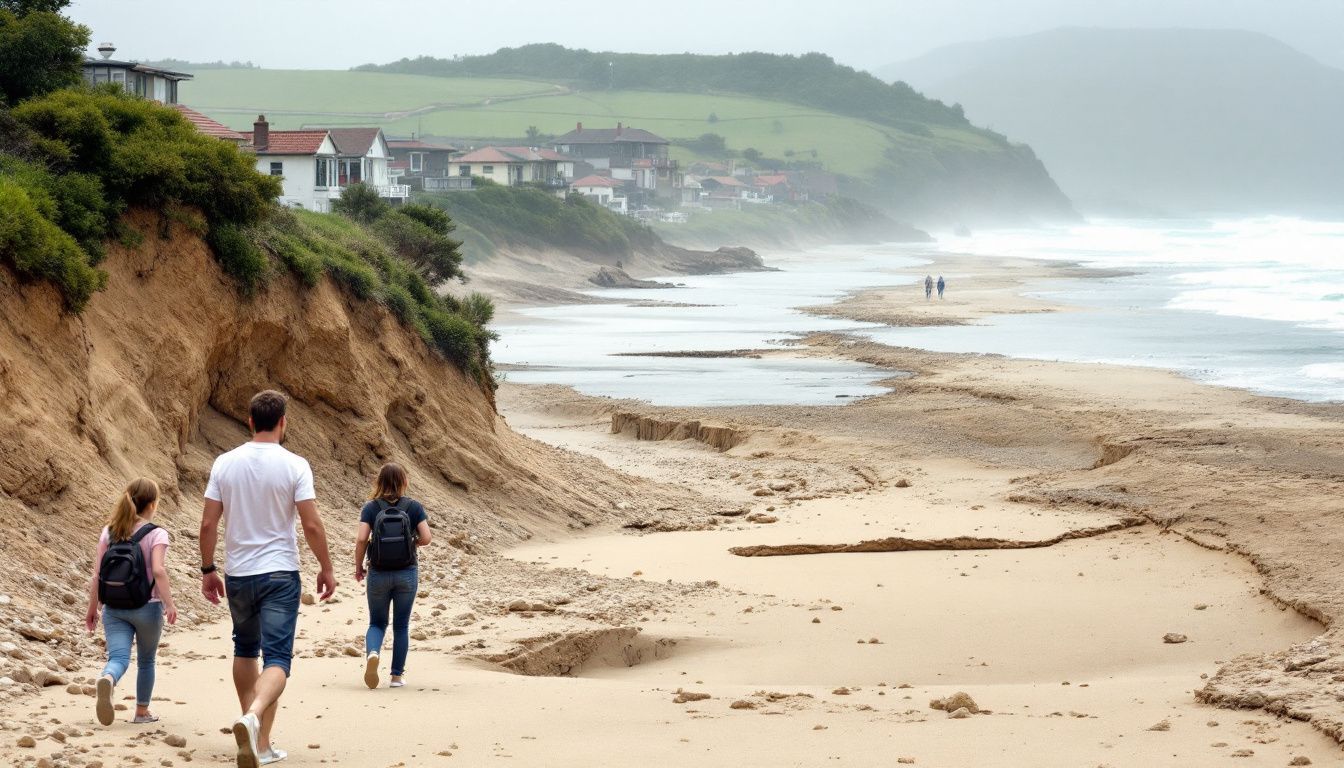An eroded coastline with beachfront structures affected by rising sea levels. An eroded coastline with beachfront structures affected by rising sea levels.
