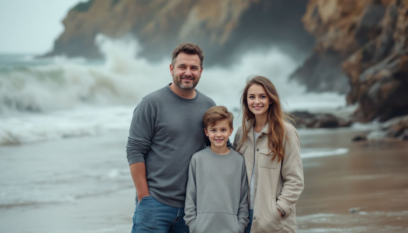 A family of four standing on a stormy beach. A family of four standing on a stormy beach.