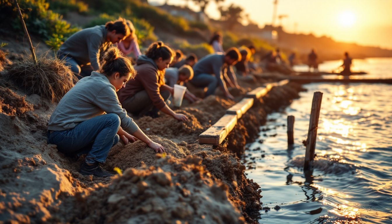 A group of people working together to create a living barrier against coastal erosion. A group of people working together to create a living barrier against coastal erosion.