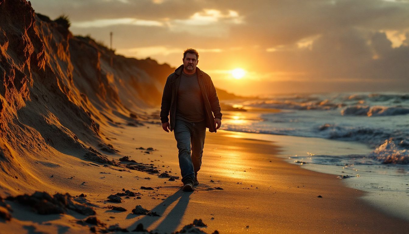 A man walks along a shrinking beach at sunset, showing environmental impact. A man walks along a shrinking beach at sunset, showing environmental impact.