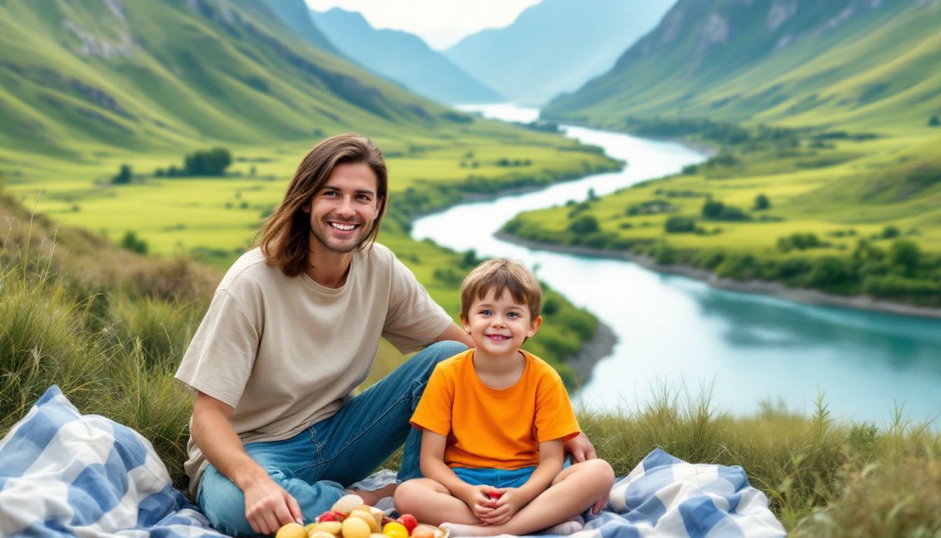 A family enjoys a picnic by a river in a scenic valley.