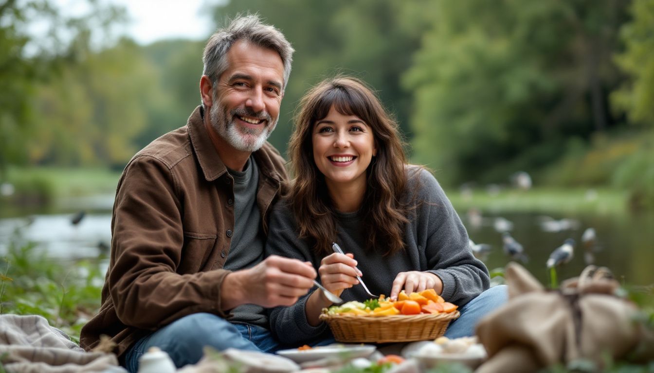 A casual couple enjoying a peaceful picnic by the river.