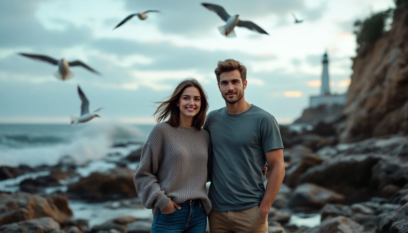A young couple enjoying a sunset on a rocky shoreline.