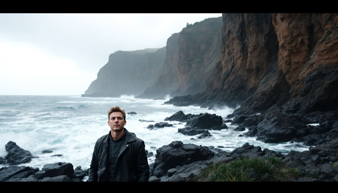 A rugged coastline with tall cliffs and powerful waves crashing against rocks.