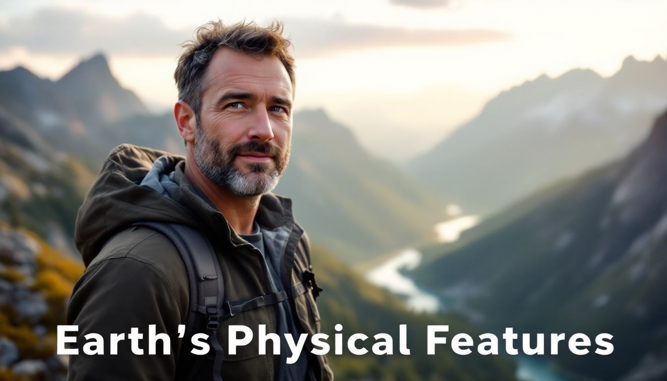 A man stands on a mountain peak overlooking untouched wilderness.