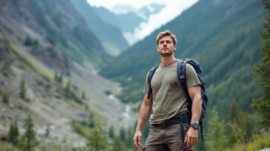 A man hiking in a mountainous area with contrasting terrain.