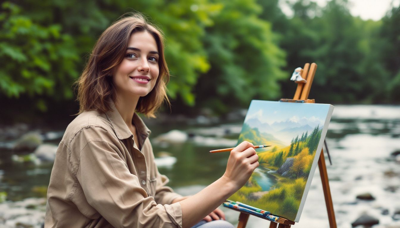 A woman paints a landscape by a river in a natural setting.