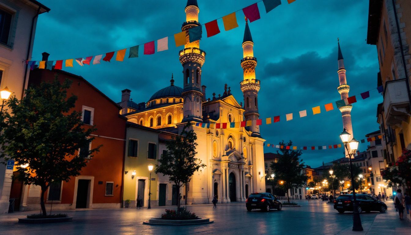 An old town square with a mix of traditional and modern architecture.