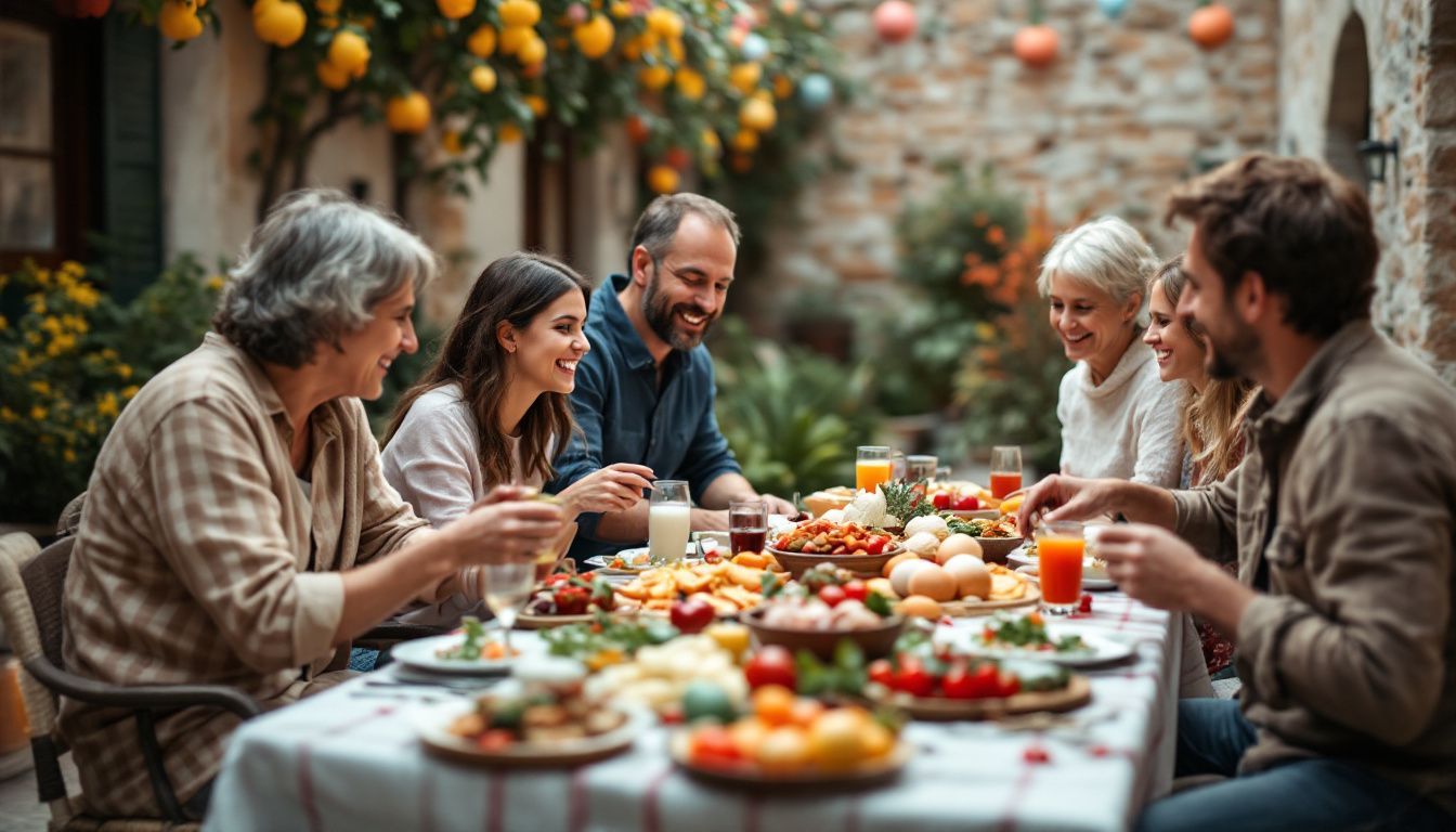 An Italian Easter celebration in a traditional courtyard with festive decorations and food.