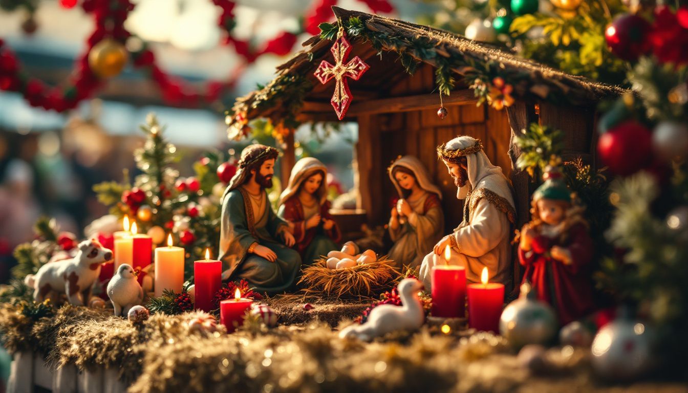 A traditional Italian nativity scene displayed at a festive Christmas market.