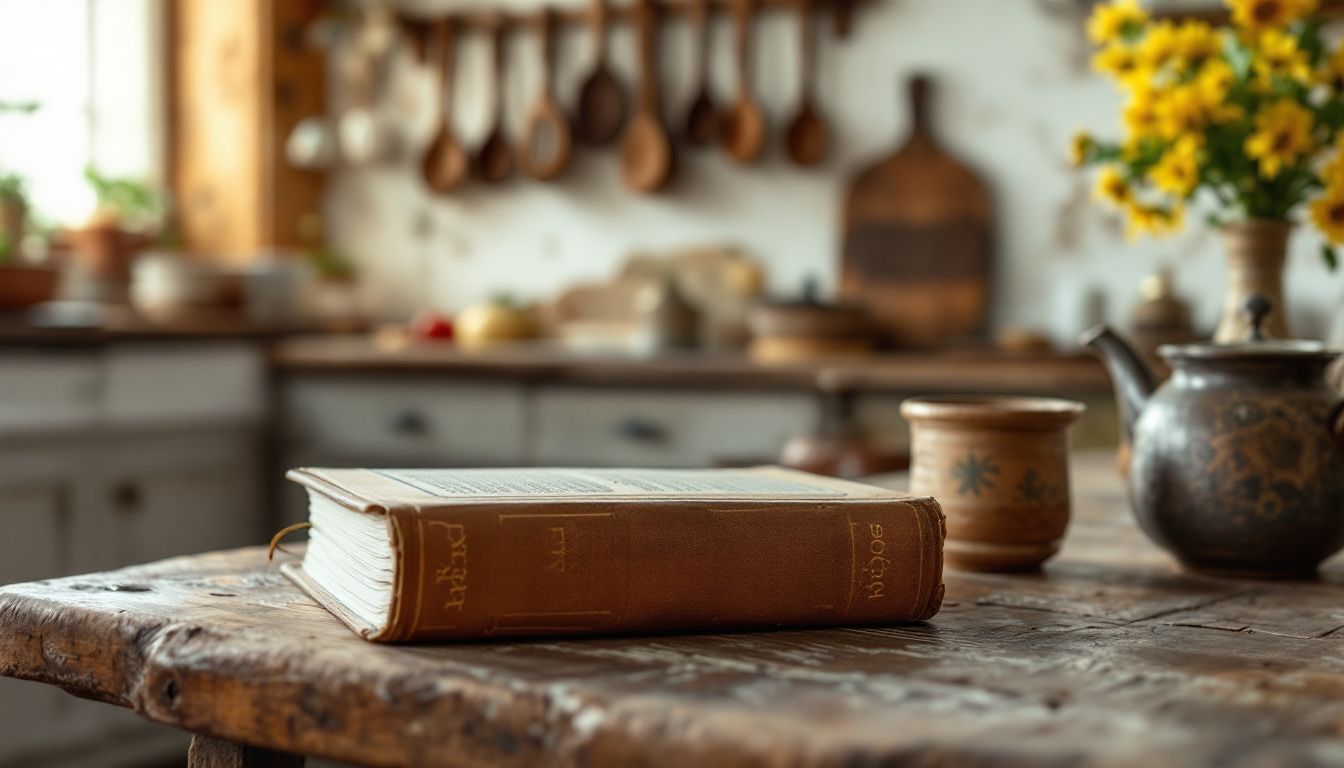 An old Italian farmhouse kitchen with rustic charm and traditional elements.