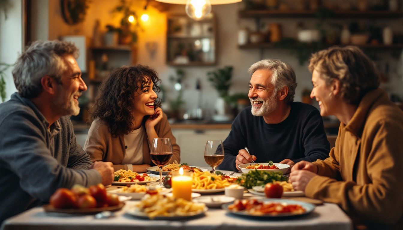 An Italian family enjoying a warm meal together in a cozy setting.