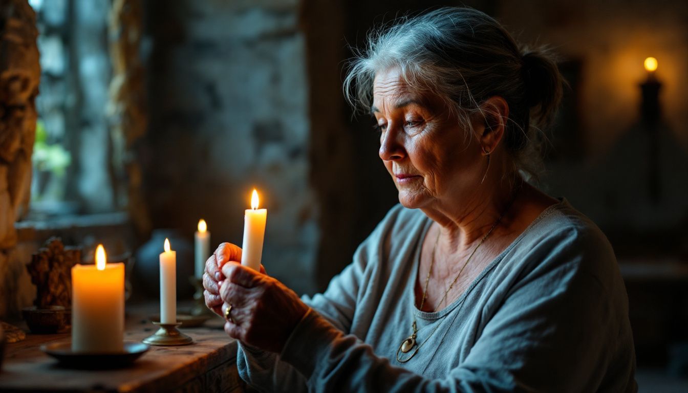 An elderly woman lights a candle in a Arian-Gnostic styled chapel.