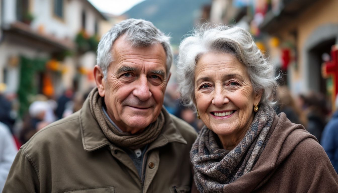 Elderly couple participating in traditional Catholic procession in Italian village.