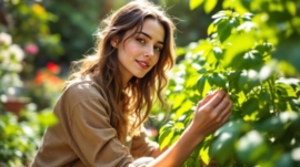 A young woman in a casual outfit picks fresh basil in a garden.
